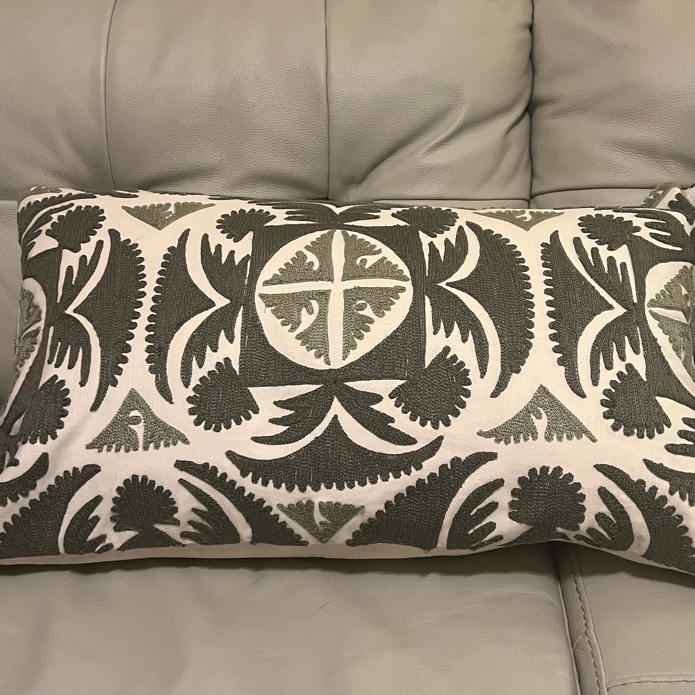 Pottery Barn Green and Cream Embroidered Lumbar Pillows.  Total of 2